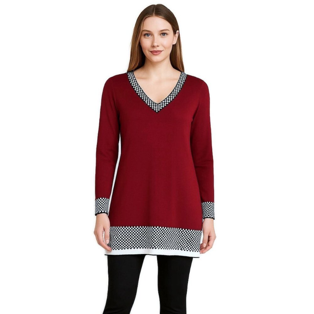 Patrizia Luca Milano Red Long Sleeve Checker Trim Tunic Sweater Womens M NWT